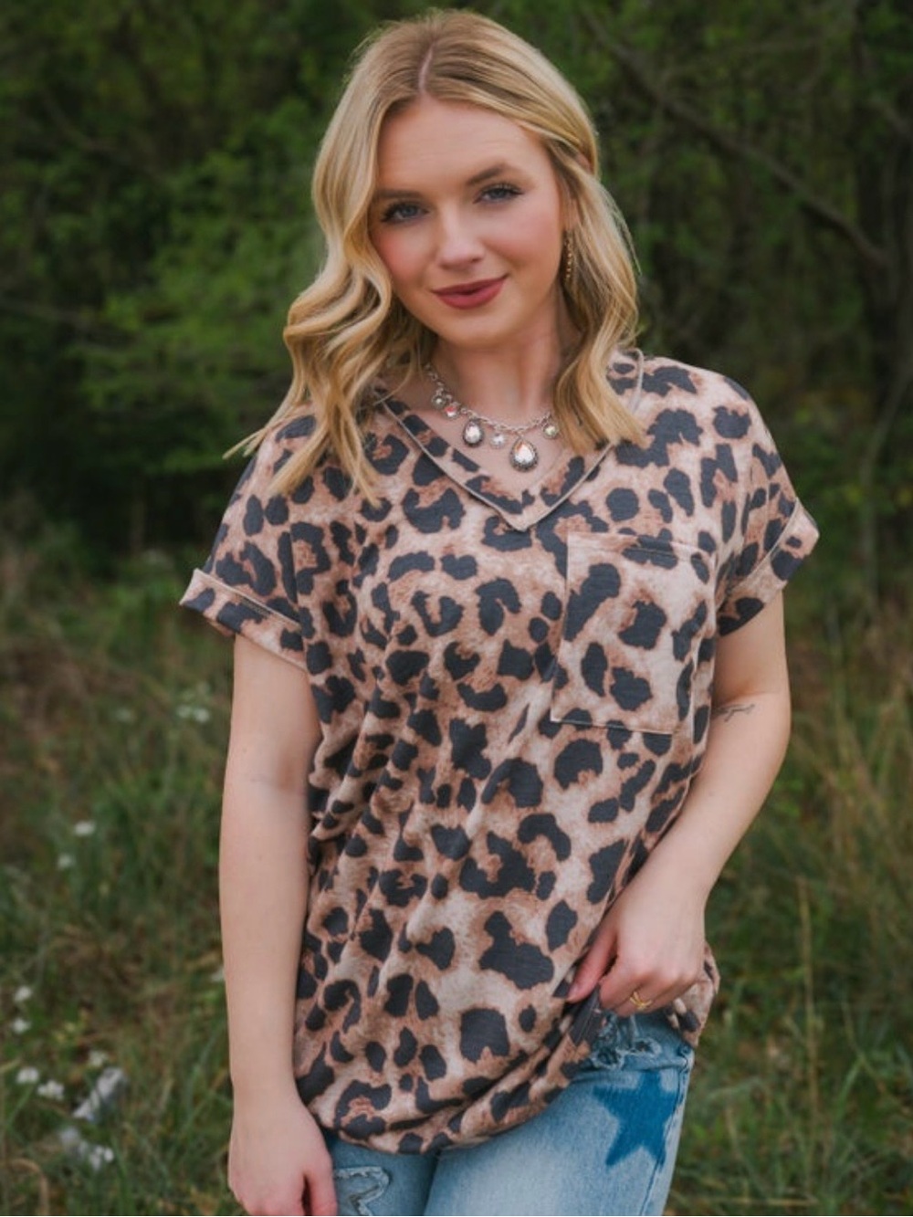HEIMISH USA Leopard Print V-Neck Short Sleeve Top - Tan & Black